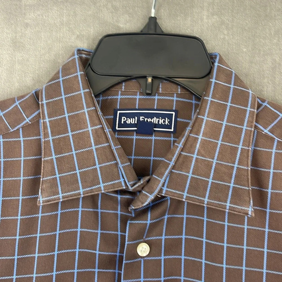 Paul Fredrick Men’s LS Oxford Dress Shirt Brown Blue Check Size 17-32 Trim Fit - Picture 3 of 8